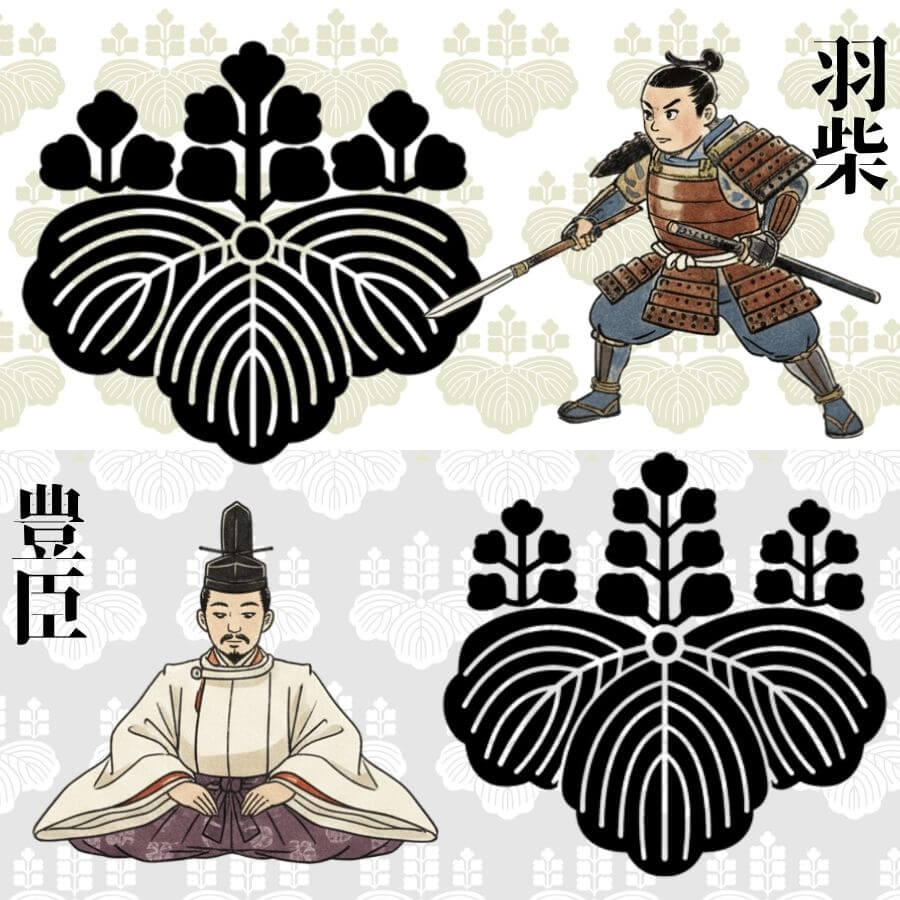 羽柴秀吉の五三桐と豊臣秀吉の五七桐、二つの家紋の違いと歴史的背景の解説図